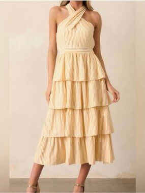 Skies Are Blue Striped Pale Yellow Halter Tiered Midi Dress